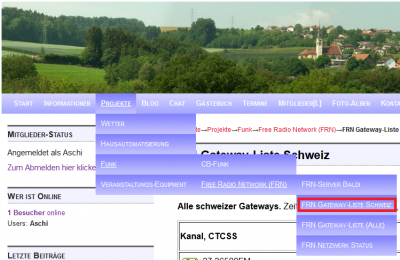 Menü zu FRN Gateway-Liste Schweiz