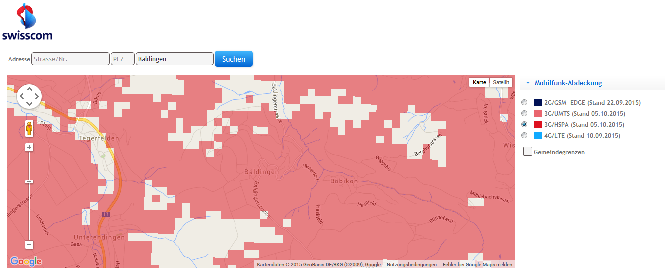 3G Abdeckung in Baldingen am 14.10.2015 auch auf der Swisscom Netzabdeckungkarte nachgeführt