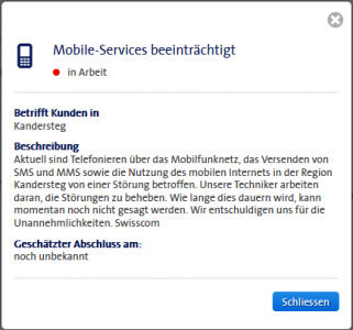 Störungs-Details auf dem Swisscom Natelnetz in Kandersteg seit 13.10.2014 um kurz nach Mittag