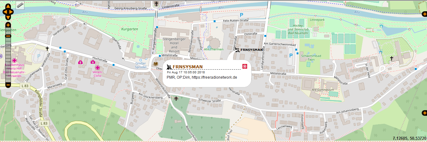 Leider KEINE blauen 'Verfolgungslinien' für die CB-APRS Station FRNSYSMAN mit dem Icon 'Satellitenschüssel' auf der deutschen WEB-Seite