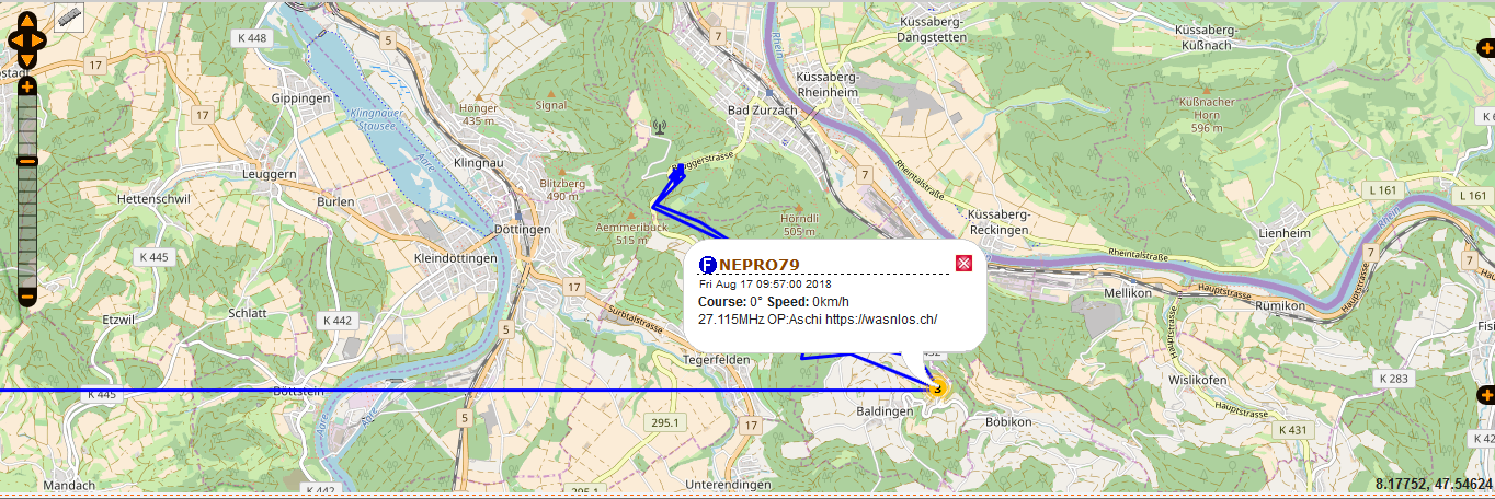 Blaue 'Verfolgungslinien' für die CB-APRS Station NEPRO79 auf der deutschen WEB-Seite