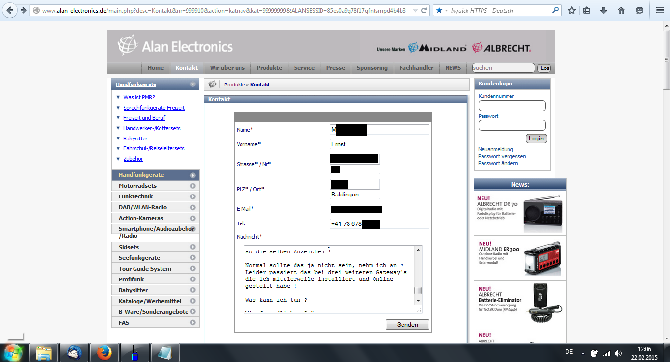 Ausgefülltes Kontaktformular bei Alan-Electronic zum Problem vom Albrecht Tectalk Pro XL