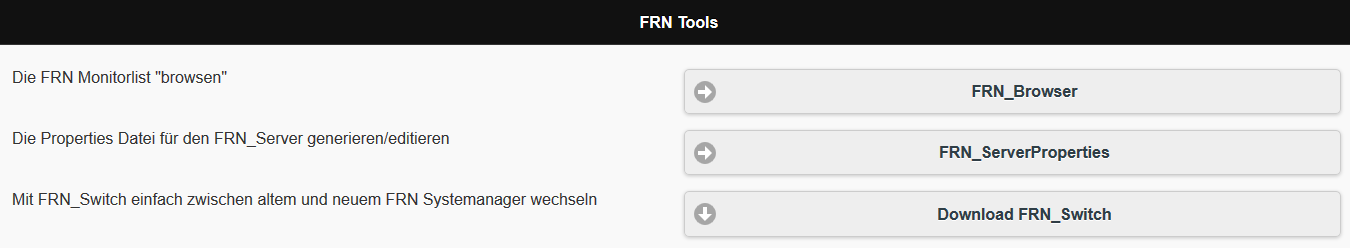 WEB-Seite mit den angebotenen Tools für die neue FRN-Welt