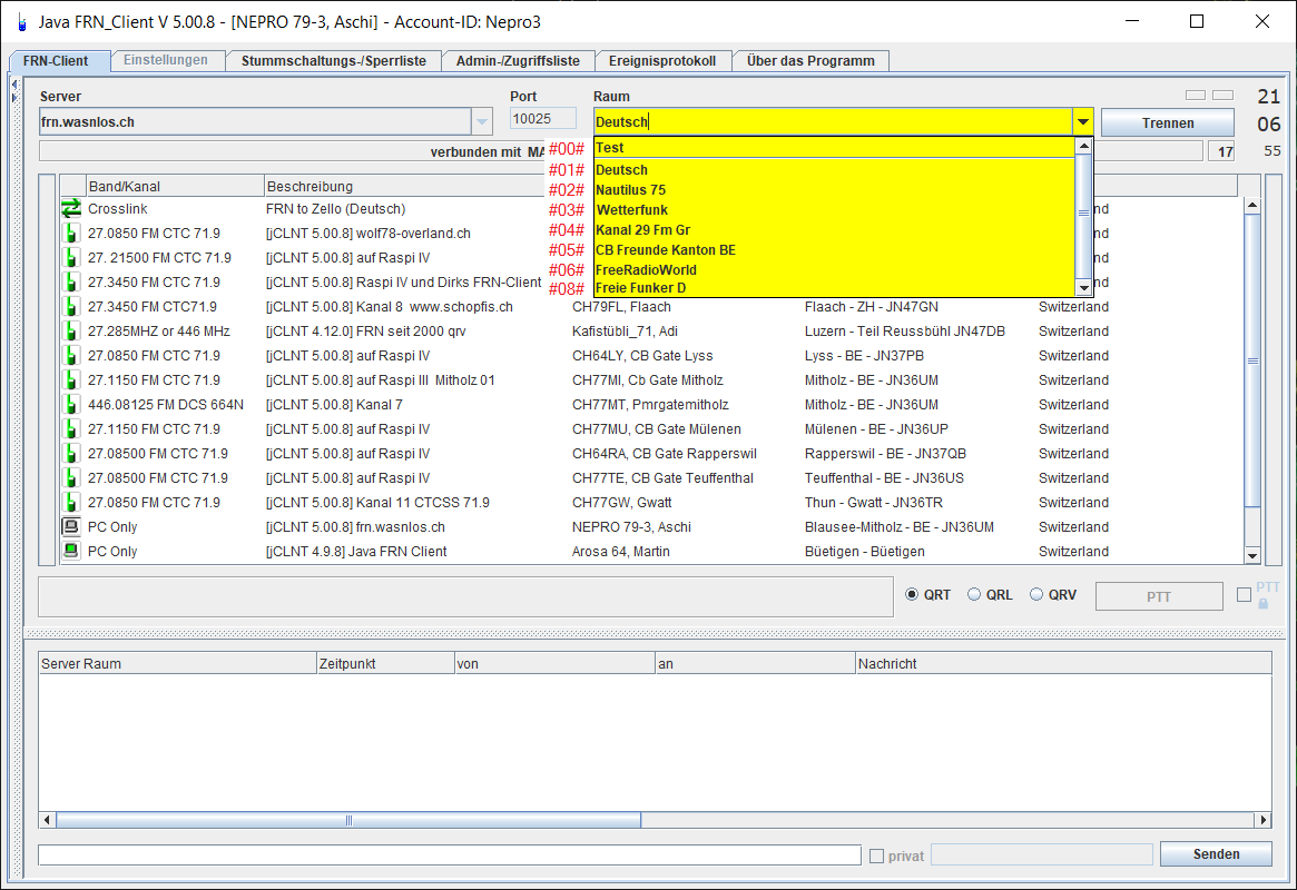 Räume auf dem FRN-Server frn.wasnlos.ch und ihre DTMF Codes