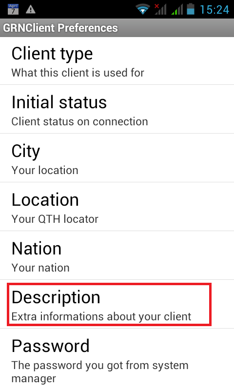 GRNClient for Android Description Einstellungen