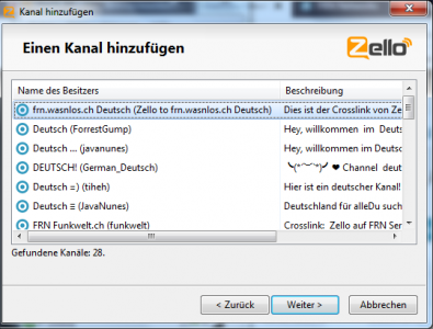Zello Kanal 'frn.wasnlos.ch Deutsch' auswählen