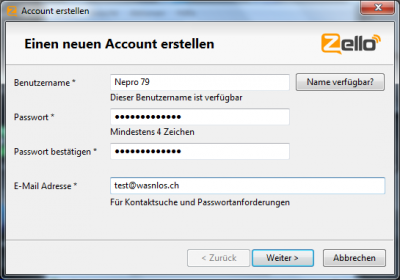 Zello neuen Account anlegen