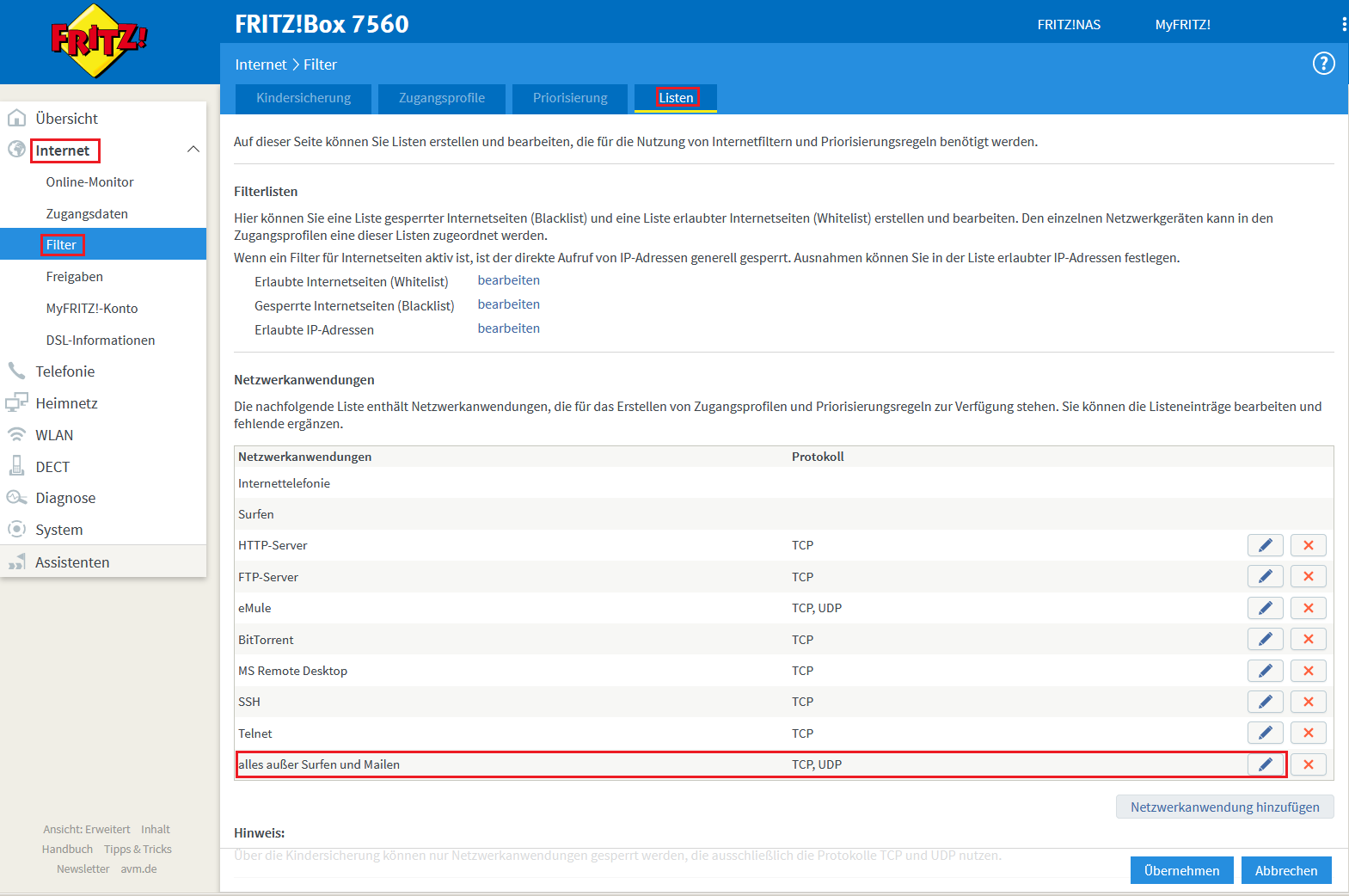 FritzBox Menü Internet / Filter / Listen