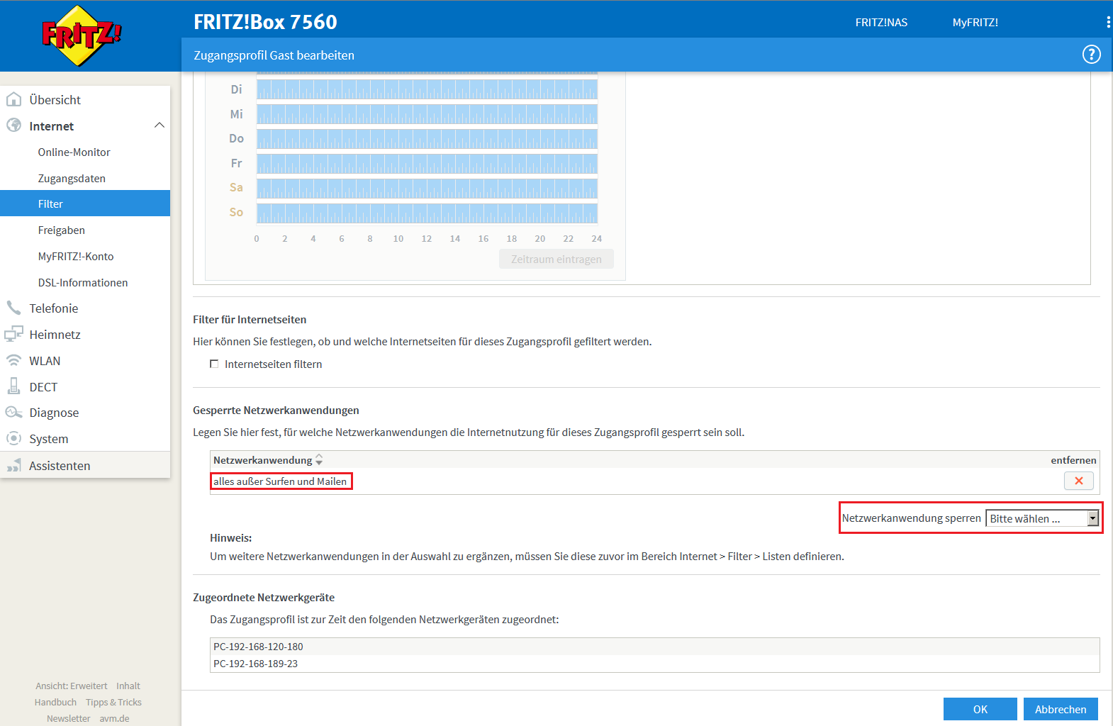 FritzBox Internet / Filter / Zugangsprofile ändern