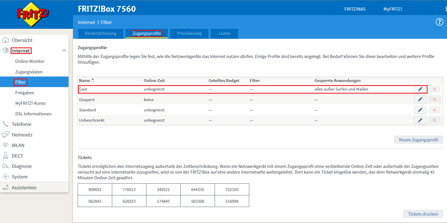 FritzBox Menü Internet / Filter / Zugangsprofile