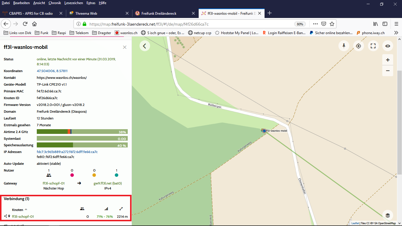 Freifunk-Map am Sonntag den 31.03.2019 um 08:15 Uhr, mit einer Verbindungsqualität von 71 bis 76 Prozent