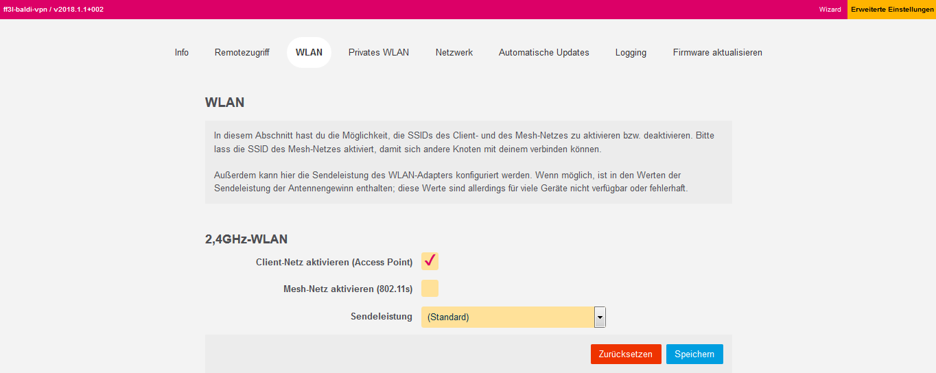 Einstellungen im Menü 'WLAN' für den ff3l-baldi-vpn vom 02.10.2018