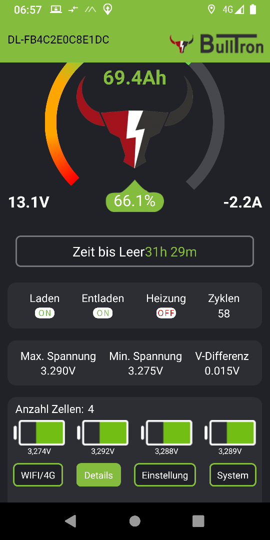 Erweiterte Ansicht der Bulltron-APP am 25.03.2025 um 06:57 Uhr