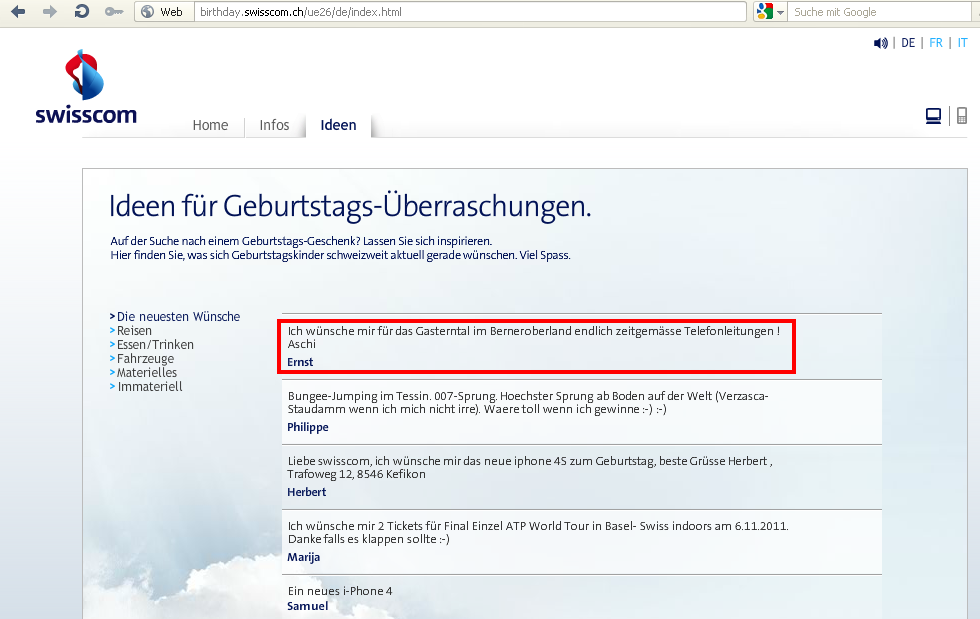 Mein Geburtstagswunsch an Swisscom vom 5.10.2011