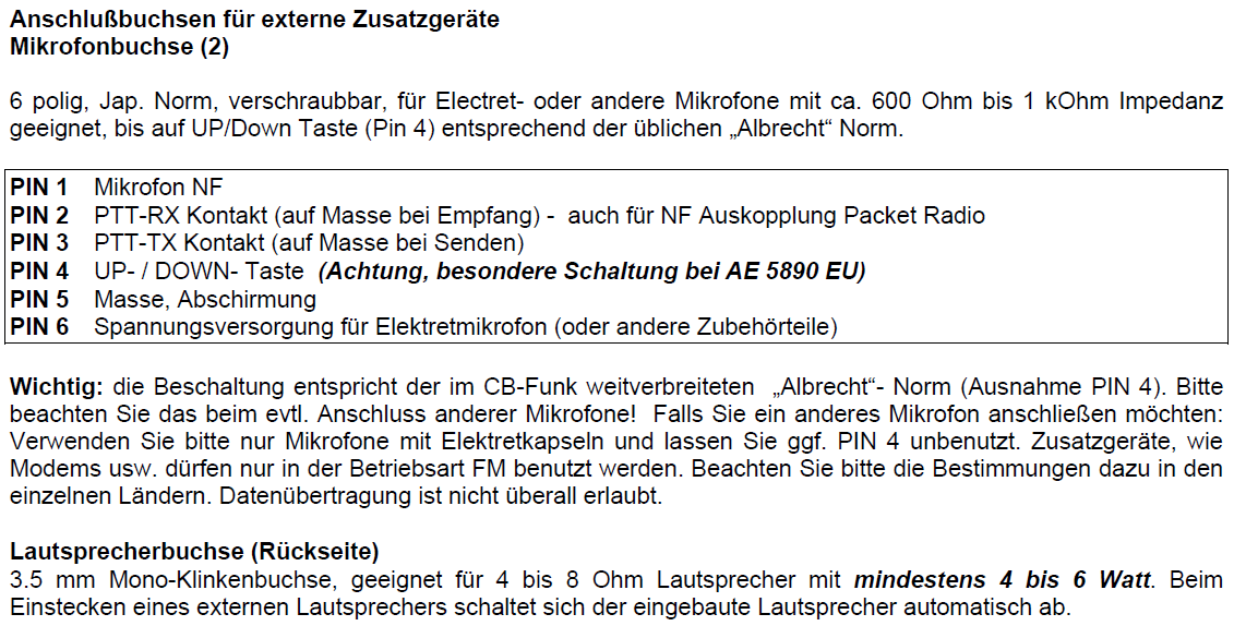 Belegung der Mikrofon Anschlussbuchse in der Bedienungsanleitung zum Albrecht AE 5890 EU