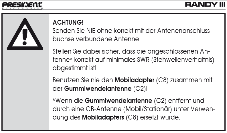 Wichtiger Hinweis zu Antennen für das President Randy III