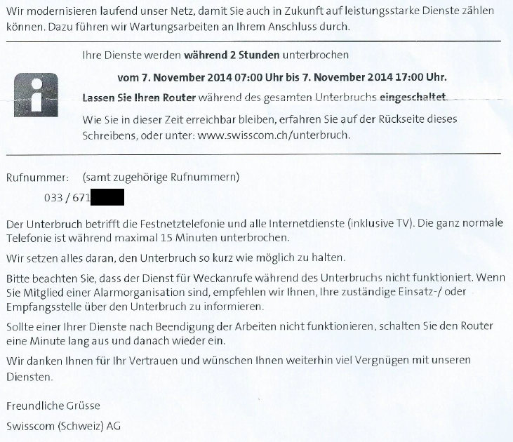 Verbindungsunterbrüche der Swisscom-Anschlüsse in Mitholz