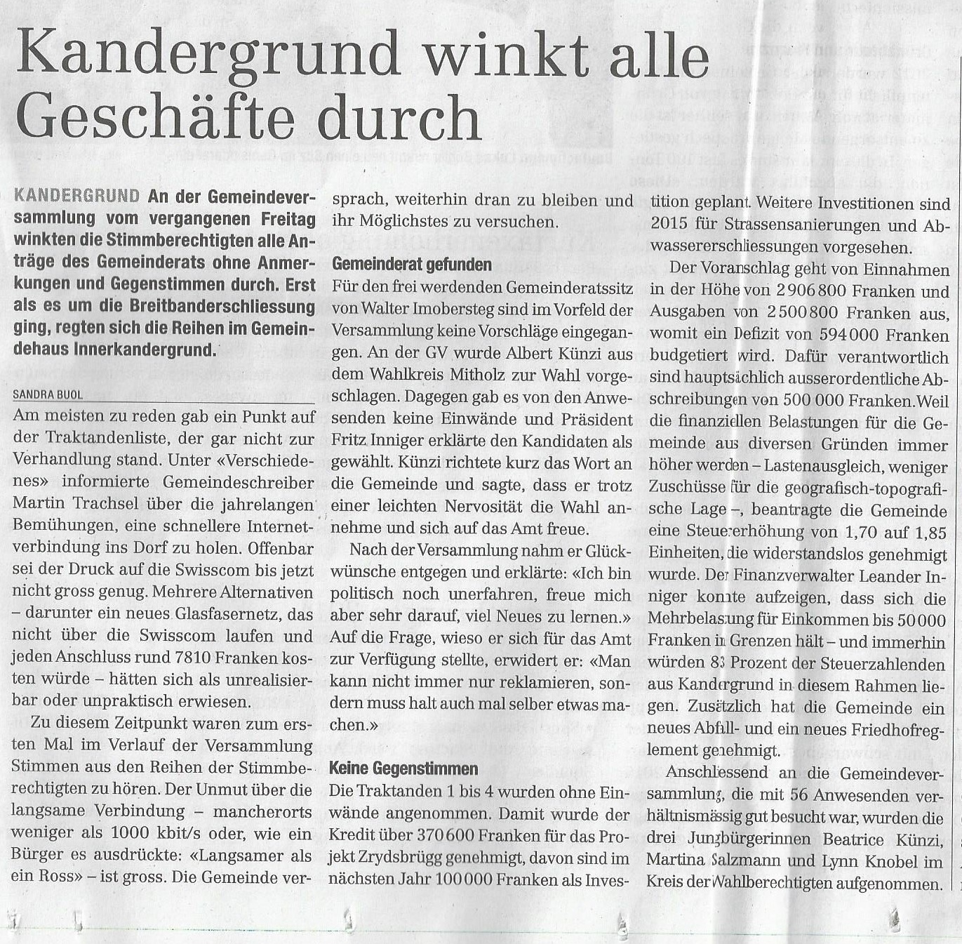 Zeitungsartikel im Frutigländer zur Gemeindeversammlung in Kandergrund u.a. zum Thema Breitbandinternet