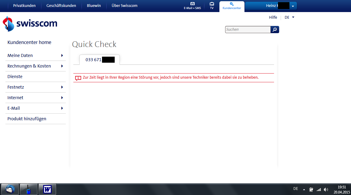 Störungsmeldung für Swisscom-Kunden am 20.04.2014 um 19:52 Uhr
