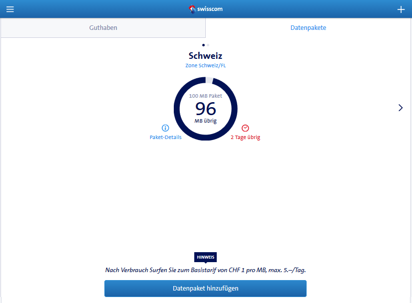 Guthaben vom Datenpacket am 21.12.2015 nach der Neubuchung