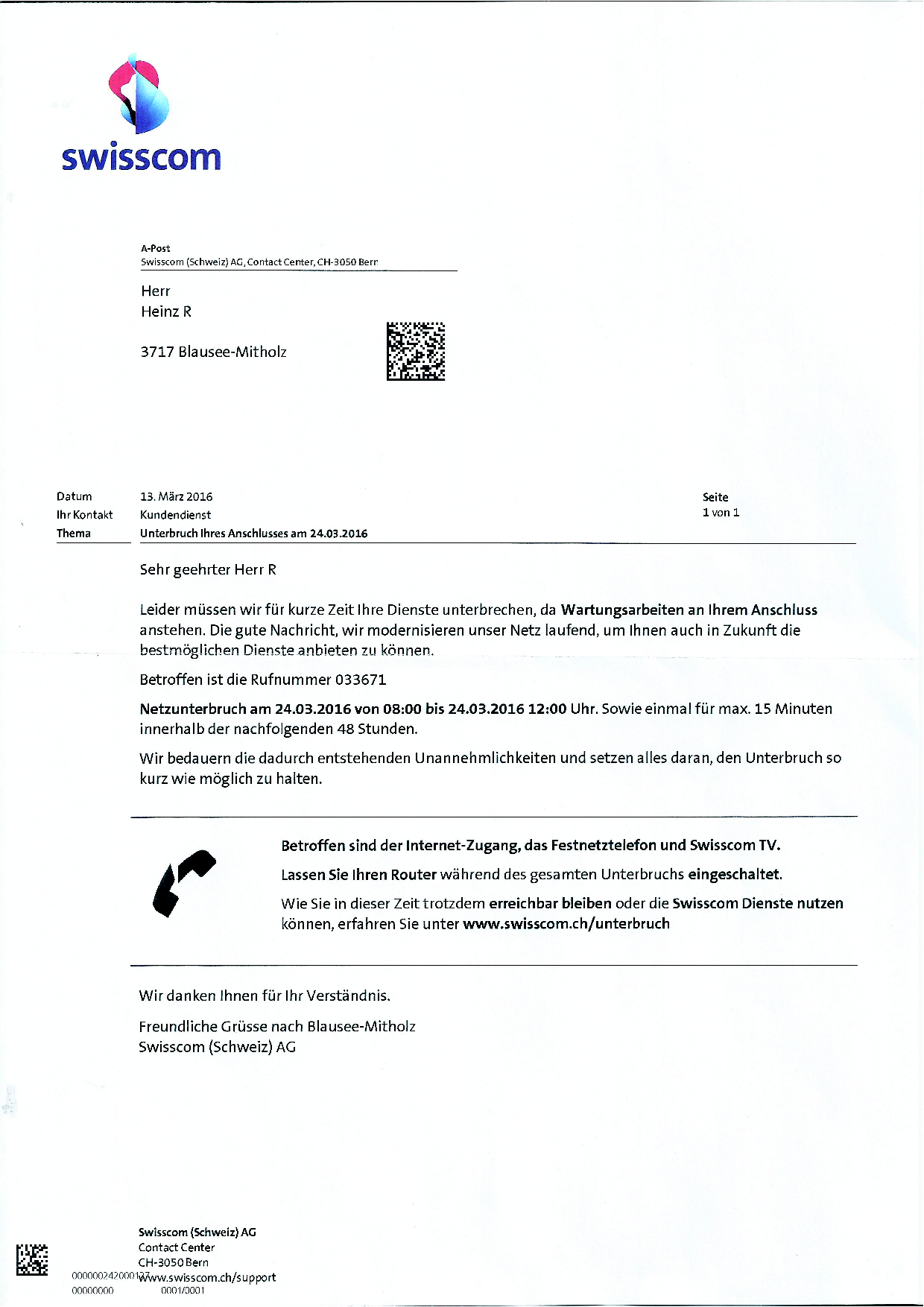 Anschlussunterbruch Ankündigung von der Swisscom für den Anschluss in Mitholz