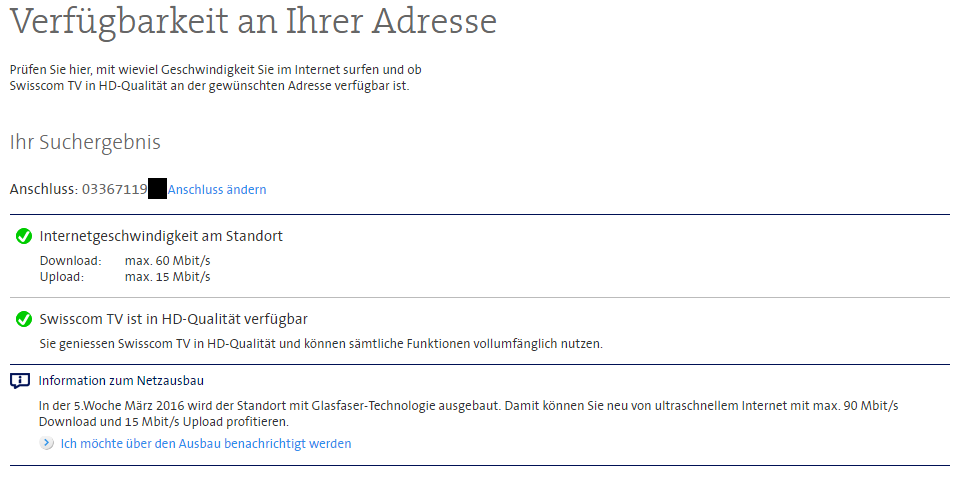 Verfügbarkeit des Swisscomanschlusses bei Markus am 24.03.2016 um 11:20 Uhr