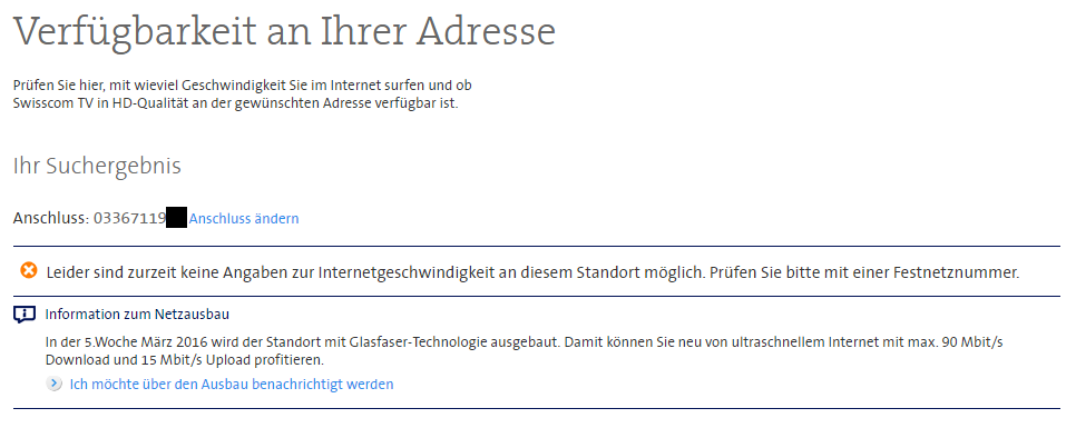 Verfügbarkeit des Swisscomanschlusses bei Markus am 24.03.2016 um 7:30 Uhr