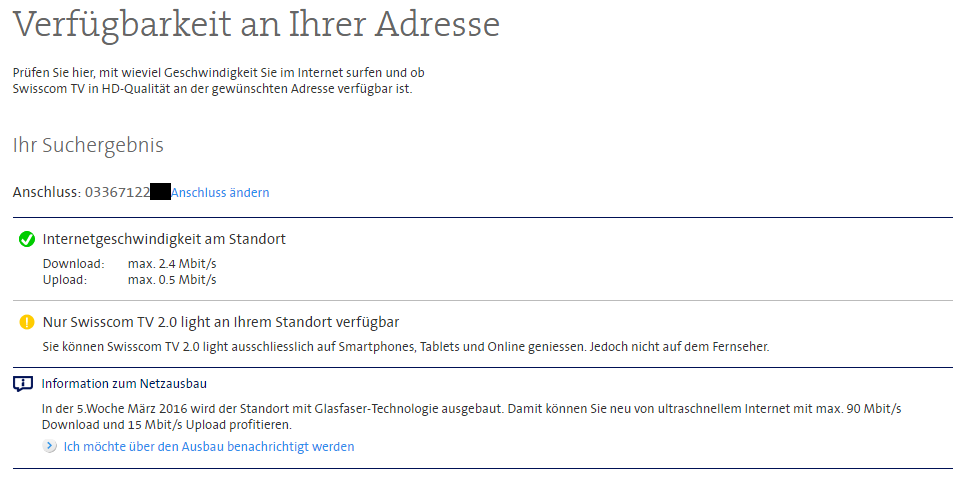 Verfügbarkeit des Swisscomanschlusses bei Silvia am 24.03.2016 um 7:30 Uhr