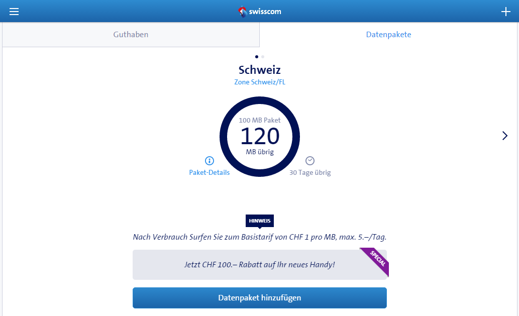 Guthaben vom Datenpacket am 13.07.2016 nach der Neubuchung