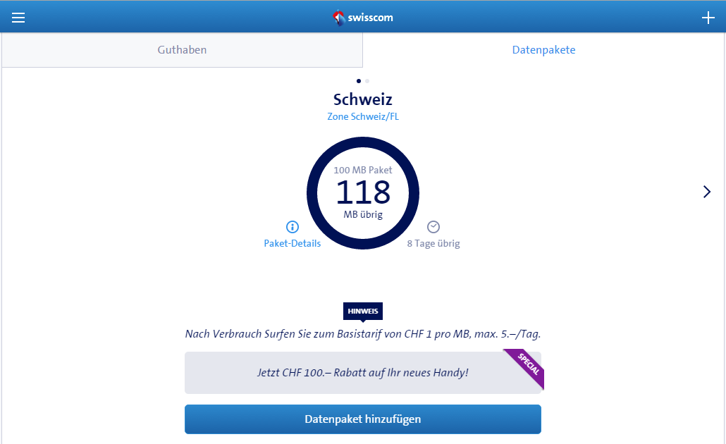 Guthaben vom Datenpacket am 04.09.2016 nach der Neubuchung