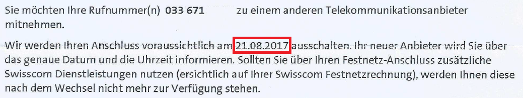 Bestätigung von Swisscom wegen der Portierung des Anschlusses vom 16.08.2017