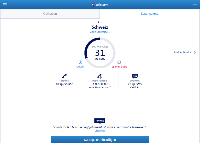 Guthaben vom Datenpacket am 06.04.2018