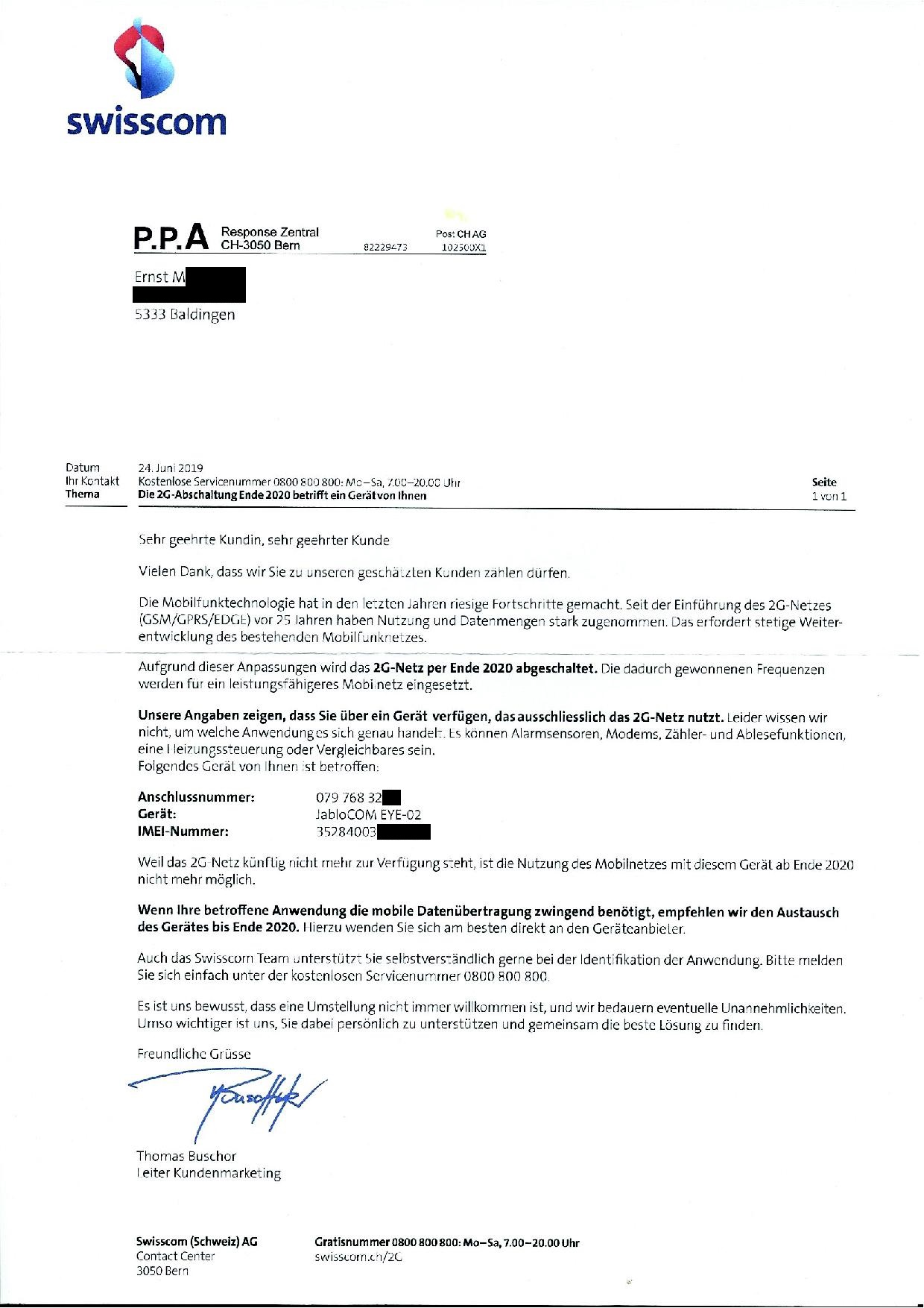 Brief von Swisscom Betreffs Abschaltung 2G Netz vom 24.06.2019