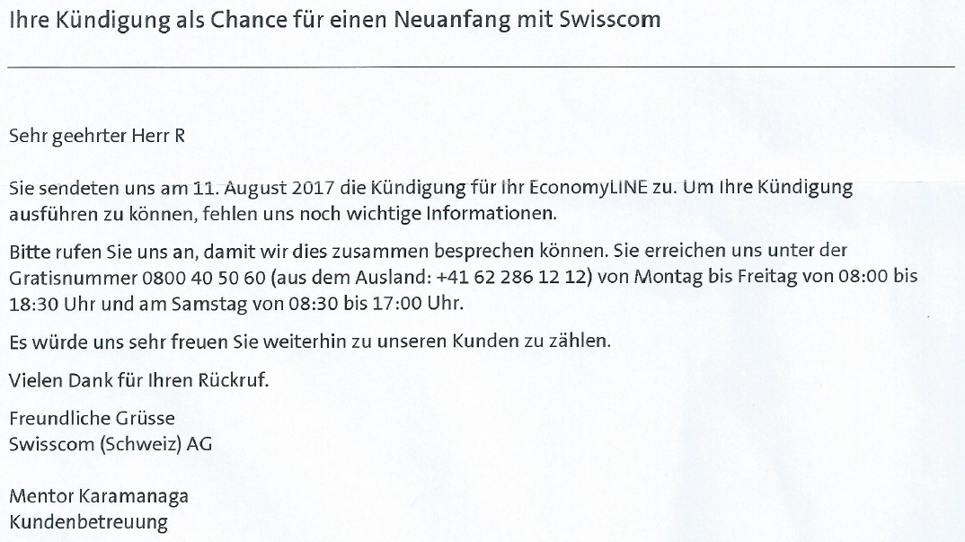 Brief von Swisscom mit dem Titel 'Kündigung als Chance' vom 19.08.2017