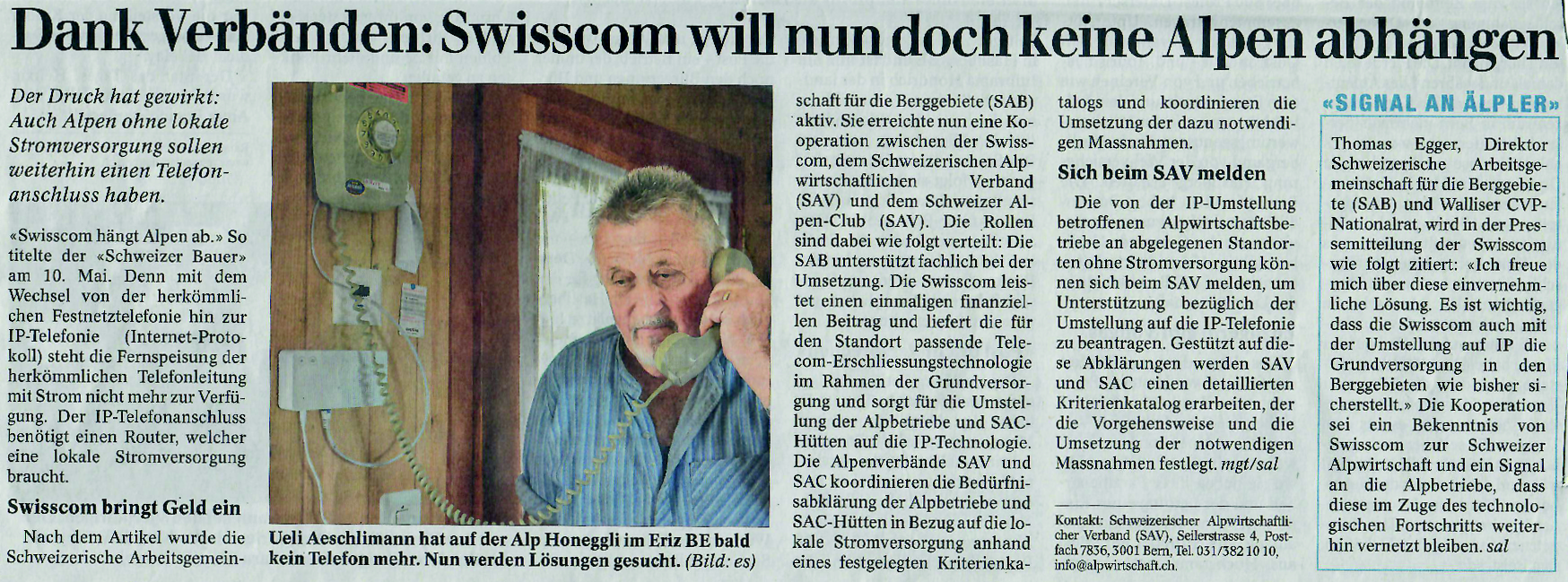 Zeitungsschnipsel aus dem 'Schweizer Bauer' zum Thema 'Swisscom hängt Alpen ab'