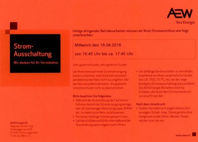 Mittwoch 18.04.2018 von 16:45 bis 17:45 Uhr Stromunterbruch in Baldingen