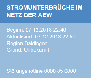 Erste Meldung der AEW zum Stromunterbruch in Baldingen am 07.12.2018 um 23 Uhr