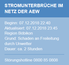 Dritte Meldung der AEW zum Stromunterbruch in Böbikon am 07.12.2018 um 23:55 Uhr