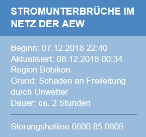 Vierte Meldung der AEW zum Stromunterbruch in Böbikon am 08.12.2018 um 00:35 Uhr