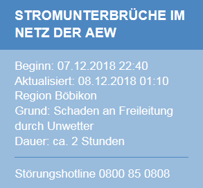 Fünfte Meldung der AEW zum Stromunterbruch in Böbikon am 08.12.2018 um 01:11 Uhr