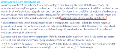 Auschnitt aus 'Faktenblatt Stromautonomie' vom April 2017 von der Swisscom