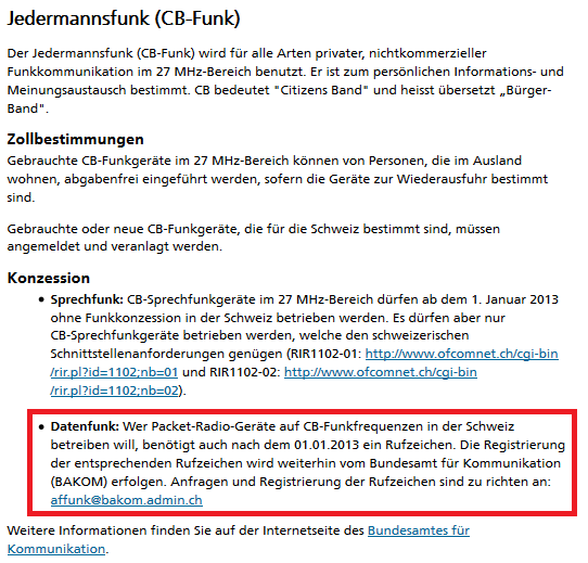 Konzession für Datenfunk (Packet Radio) gesehen auf der WEB-Seite der Eidgenössische Zollverwaltung (EZV)