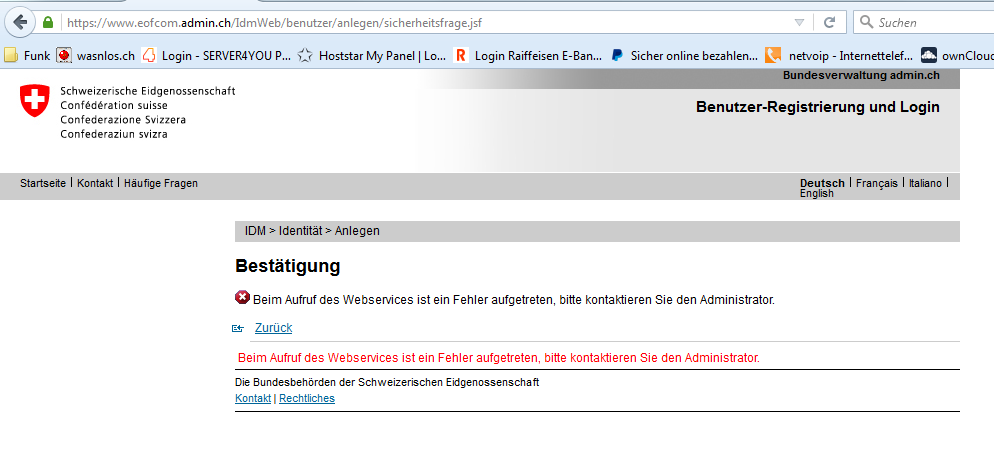 Fehlermeldung bei der Registrierung auf der BAKOM Homepage