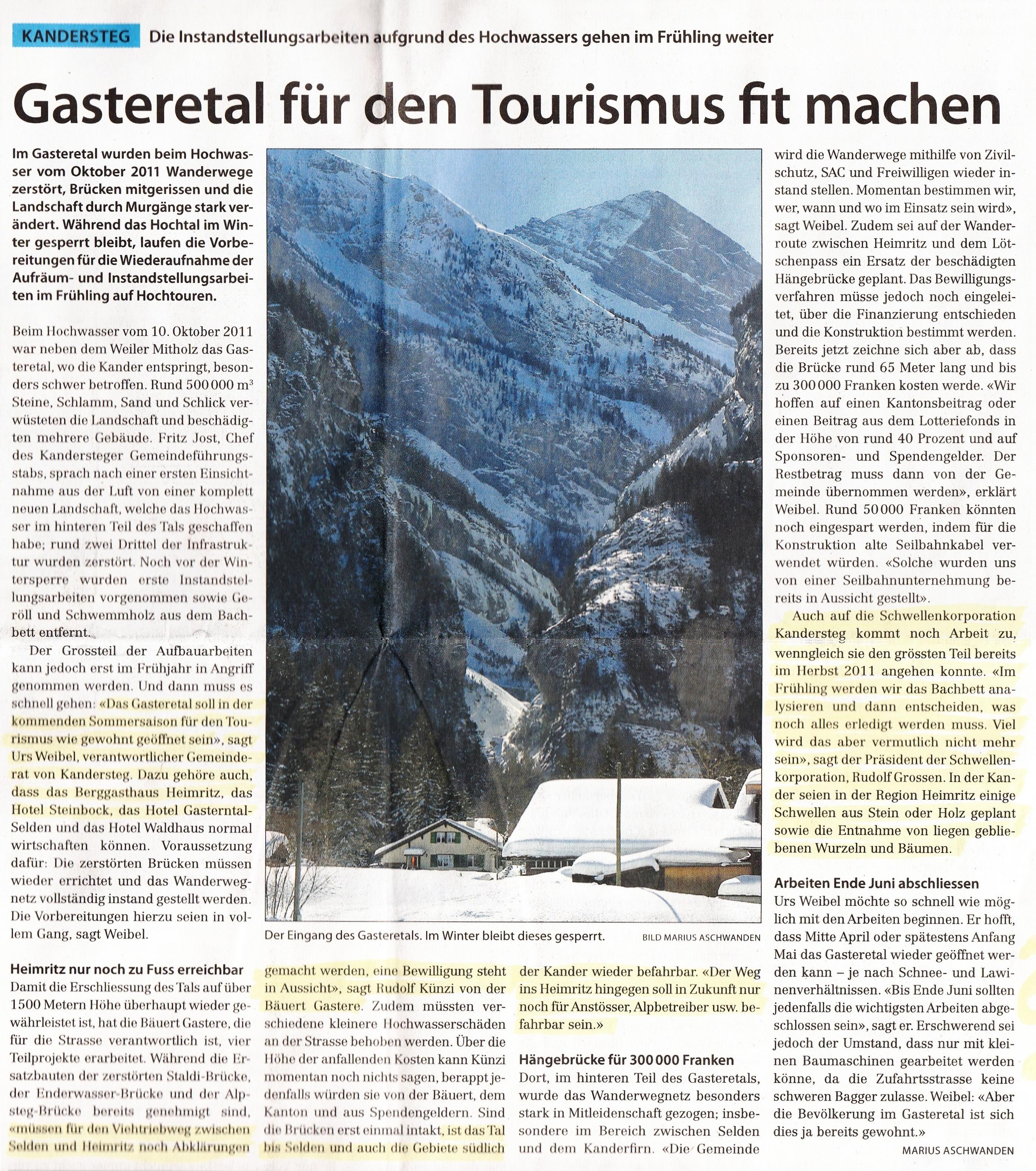 Artikel aus dem Frutigländer 'Gasteretal für den Tourismus fit machen'